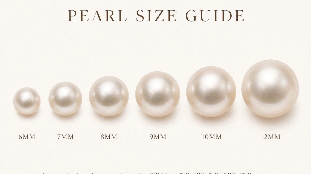 Pearl size guide infographic comparing pearl diameters from 6mm to 12mm