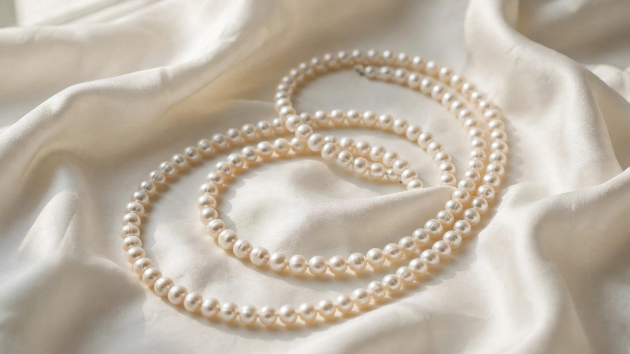White freshwater pearl necklace coiled on ivory silk fabric in soft window light