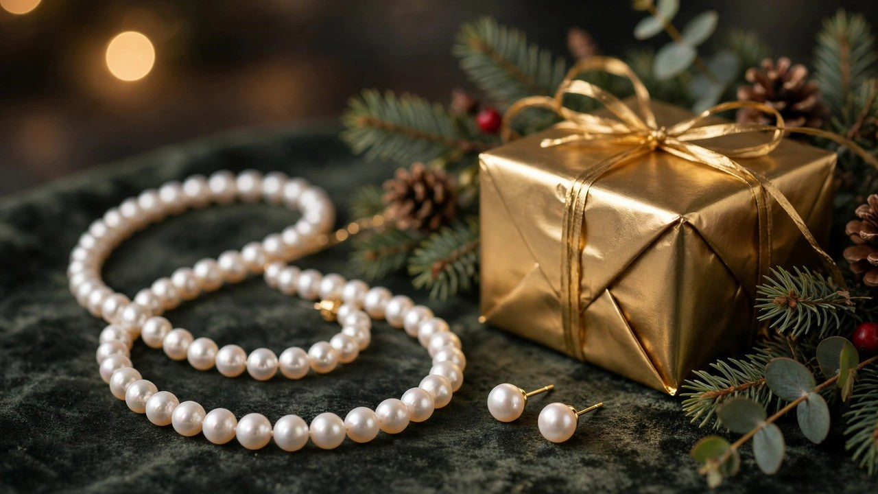 Pearl necklace and pearl stud earrings beside a gold-wrapped Christmas gift box with festive greenery